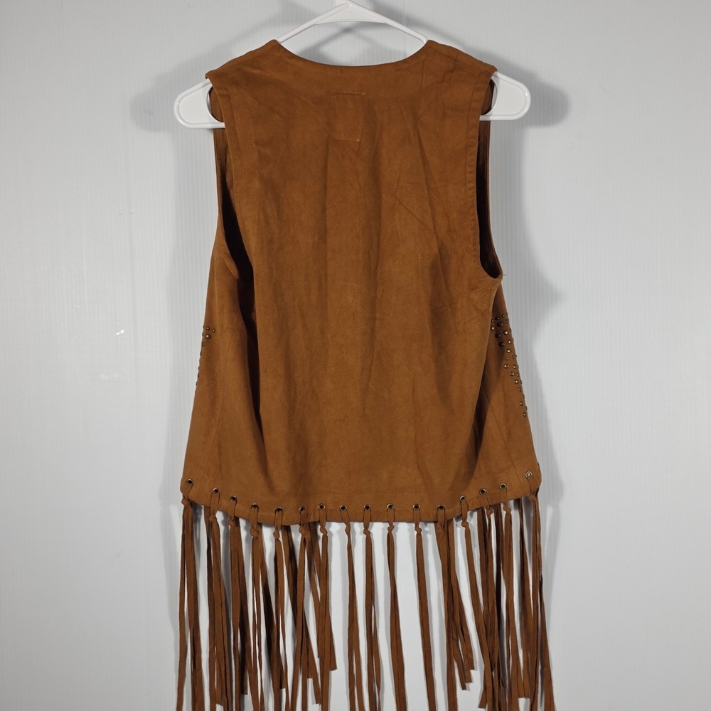 Fornia Womens Studded Fringe Faux Suede Vest Cognac Brown Western Boho Large NWT - Picture 3 of 8